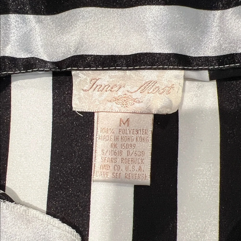 Vintage 2-Piece Black and White Striped Satin Pajama Button Top and Shorts M